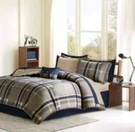 Intelligent Design Bedding Set 7-PCS Microfiber Plaid Stripe Size Twin Navy/tan. Fixed Price $66.50.