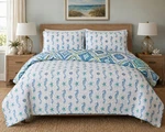 Coastal Bedding King Set Quilt 2 Shams Nautical Beach Seahorse Shells Reversible. Fixed Price $75.00.