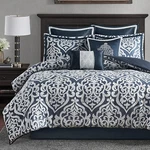 Odette Navy Cozy Comforter Set - 8 Piece King, Modern Damask Design. Fixed Price $218.99.