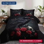 Ccoutuechen Black Crow Red Rose Skull Comforter Set King Size Halloween Gothic. Fixed Price $89.98.