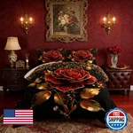 Uevbf Red Rose Comforter Set King Sizegolden Glitter Butterfly Pattern. Fixed Price $110.08.