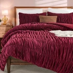 Burgundy Velvet Queen Set,boho Shabby Chic Ruched Bedding Comforter.... Fixed Price $166.52.