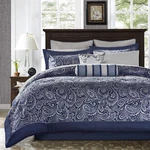 Aubrey 12-PIECE Cozy Comforter Set, Navy Faux Silk Paisley, All Season Bedding. Fixed Price $215.99.