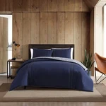 Kingston 3-PIECE Navy Blue Plaid Reversible Solid Cotton Comforter Set. Fixed Price $132.76.