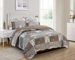 Paris And Toile Floral Quilt Set, 3-PIECE Bedding Queen Latte Grey. Fixed Price $56.95.