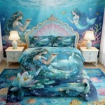 Manfei Blue Mermaid Kids Comforter Set King Size Lotus Flower Girl Bedding. Fixed Price $101.48.