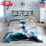 Lighthouse Comforter Set King Size,sea Ocean Wave Bedding Nautical Bedroom. Fixed Price $86.44.