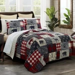 Donna Sharp Timber Quilt Set Bear Deer Lodge Rustic Reversible Red Buffalo Check. Fixed Price $87.00.