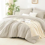 Queen Comforter Set Beige - 7 Pieces Striped Seersucker Bed In Bag, Soft Light. Fixed Price $53.99.