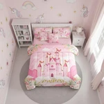 Manfei Girls Princess Comforter Set 7 Pieces Reversiblecartoon Castle Pink Bed. Fixed Price $29.87.
